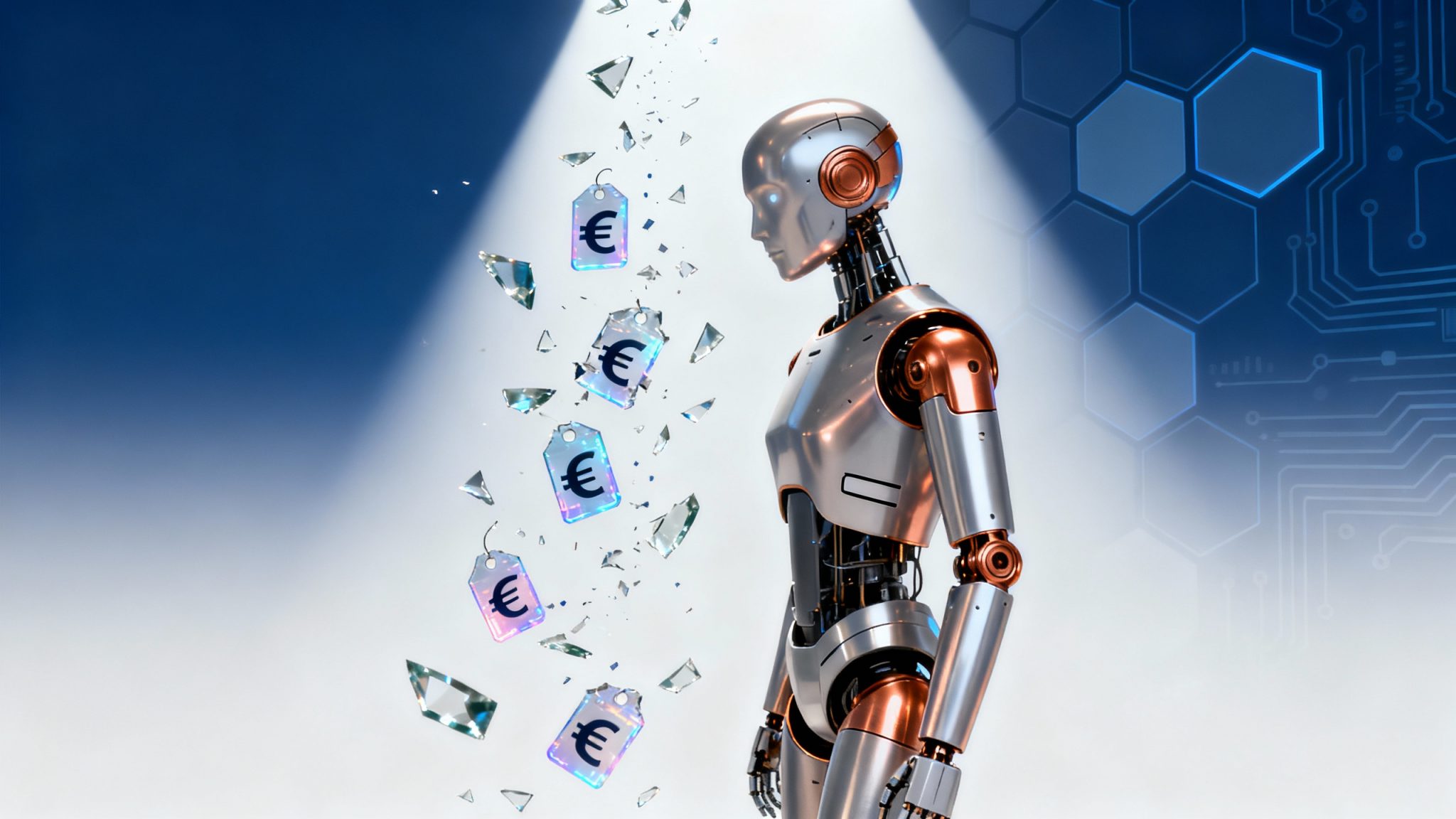 A sleek metallic humanoid robot standing confidently in three-quarter view against a clean gradient background of deep blue transitioning to white, the robot has a modern minimalist design with smooth surfaces and subtle panel lines, copper and silver metallic finish catching dramatic rim lighting, around the robot are floating shattered glass fragments with euro currency symbols embedded in them falling downward suggesting broken price barriers, geometric hexagonal tech patterns fade in the background, a bold spotlight from above creates strong contrast and highlights the robot's form, small holographic price tag displays with numbers breaking apart and dissolving into digital particles, the composition uses a slightly low camera angle to convey empowerment and accessibility, color palette of tech blue, pristine white, metallic silver and warm copper accents, ultra-detailed photorealistic rendering with clean modern aesthetic, negative space on sides for visual breathing room, subtle circuit board patterns etched faintly in the background, the overall mood conveys technological breakthrough and democratization of advanced robotics, professional product photography style with editorial boldness.