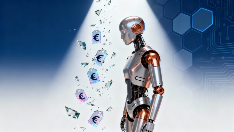 A sleek metallic humanoid robot standing confidently in three-quarter view against a clean gradient background of deep blue transitioning to white, the robot has a modern minimalist design with smooth surfaces and subtle panel lines, copper and silver metallic finish catching dramatic rim lighting, around the robot are floating shattered glass fragments with euro currency symbols embedded in them falling downward suggesting broken price barriers, geometric hexagonal tech patterns fade in the background, a bold spotlight from above creates strong contrast and highlights the robot's form, small holographic price tag displays with numbers breaking apart and dissolving into digital particles, the composition uses a slightly low camera angle to convey empowerment and accessibility, color palette of tech blue, pristine white, metallic silver and warm copper accents, ultra-detailed photorealistic rendering with clean modern aesthetic, negative space on sides for visual breathing room, subtle circuit board patterns etched faintly in the background, the overall mood conveys technological breakthrough and democratization of advanced robotics, professional product photography style with editorial boldness.