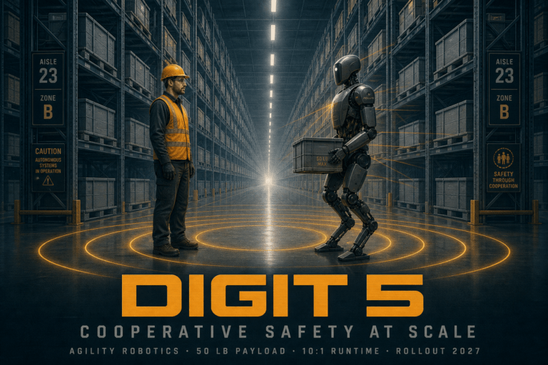 Digit 5 by Agility Robotics is built for cooperatively safe work at scale. Explore its safety architecture, 50-pound payload, 10:1 runtime and 2027 rollout.