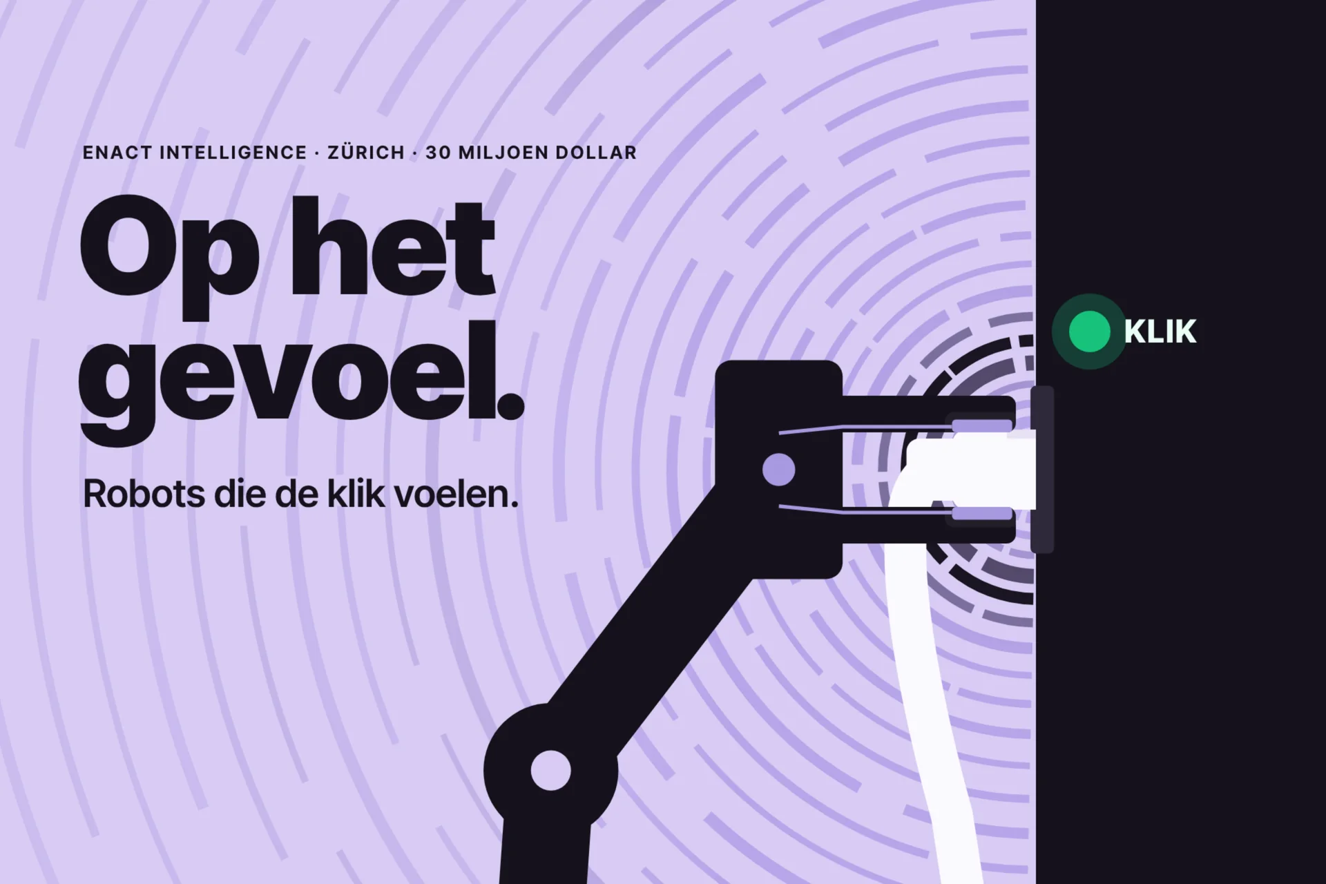 Robotgrijper steekt een witte kabel in een zwarte wand, concentrische bogen tonen de kracht en een groen lampje meldt de klik