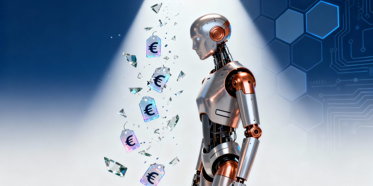 A sleek metallic humanoid robot standing confidently in three-quarter view against a clean gradient background of deep blue transitioning to white, the robot has a modern minimalist design with smooth surfaces and subtle panel lines, copper and silver metallic finish catching dramatic rim lighting, around the robot are floating shattered glass fragments with euro currency symbols embedded in them falling downward suggesting broken price barriers, geometric hexagonal tech patterns fade in the background, a bold spotlight from above creates strong contrast and highlights the robot's form, small holographic price tag displays with numbers breaking apart and dissolving into digital particles, the composition uses a slightly low camera angle to convey empowerment and accessibility, color palette of tech blue, pristine white, metallic silver and warm copper accents, ultra-detailed photorealistic rendering with clean modern aesthetic, negative space on sides for visual breathing room, subtle circuit board patterns etched faintly in the background, the overall mood conveys technological breakthrough and democratization of advanced robotics, professional product photography style with editorial boldness.
