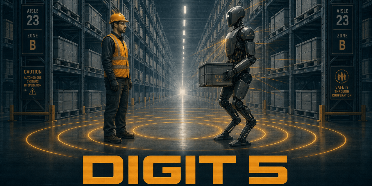 Digit 5 by Agility Robotics is built for cooperatively safe work at scale. Explore its safety architecture, 50-pound payload, 10:1 runtime and 2027 rollout.