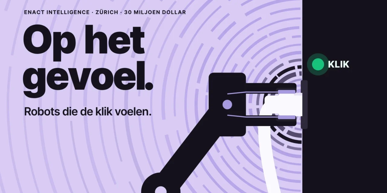 Robotgrijper steekt een witte kabel in een zwarte wand, concentrische bogen tonen de kracht en een groen lampje meldt de klik