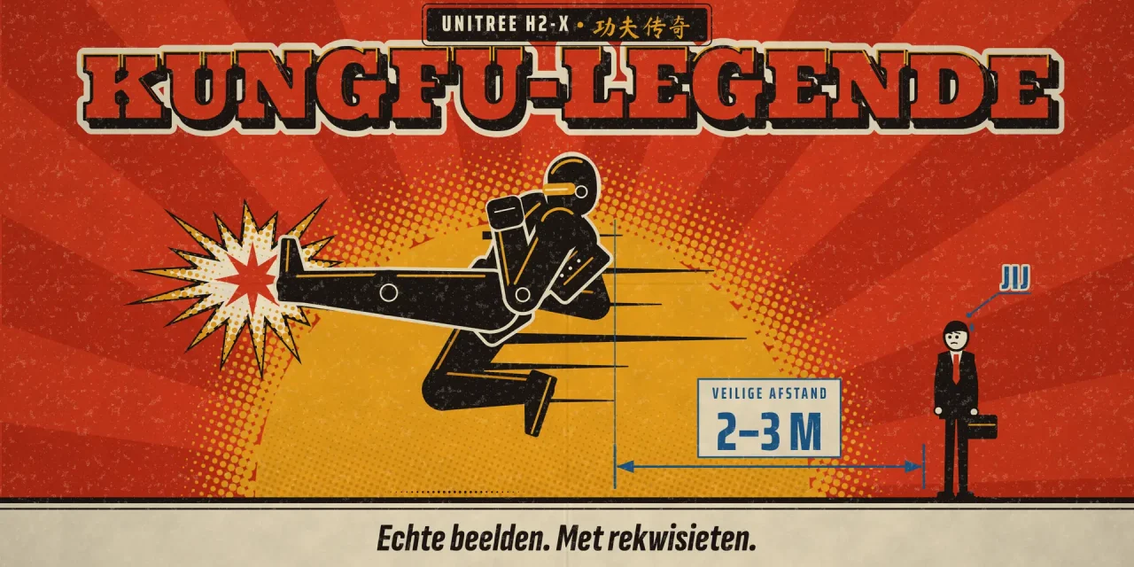 Rode kungfu-filmaffiche: zwarte humanoïde robot in een vliegende trap, man JIJ op 2 tot 3 meter, titel KUNGFU-LEGENDE